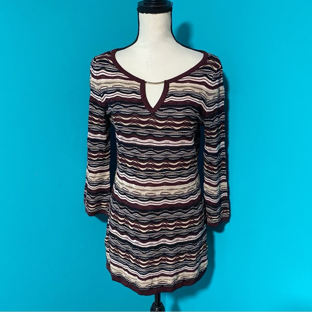 White House Black Market WHBM S Burgundy Striped 3/4 Sleeve Sweater Tunic